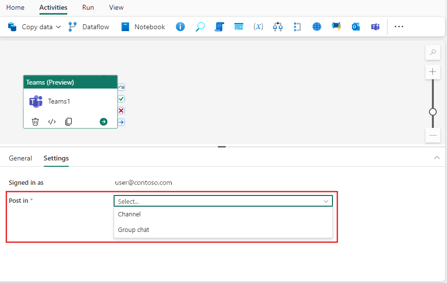 Captura de pantalla que muestra la pestaña Configuración de actividad de Teams, después de iniciar sesión, con la lista desplegable Publicar en opciones expandida para mostrar sus opciones disponibles.