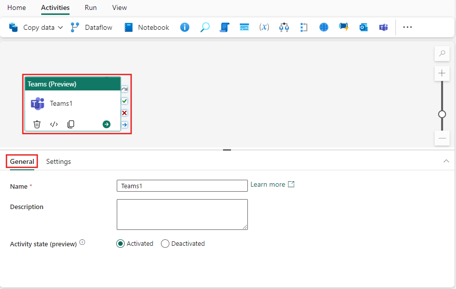 Captura de pantalla que muestra la pestaña Configuración general de la actividad de Teams.