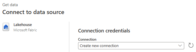 Screenshot showing the configuration of the data source settings for your new Lakehouse with your current signed in user, and the Next button selected.