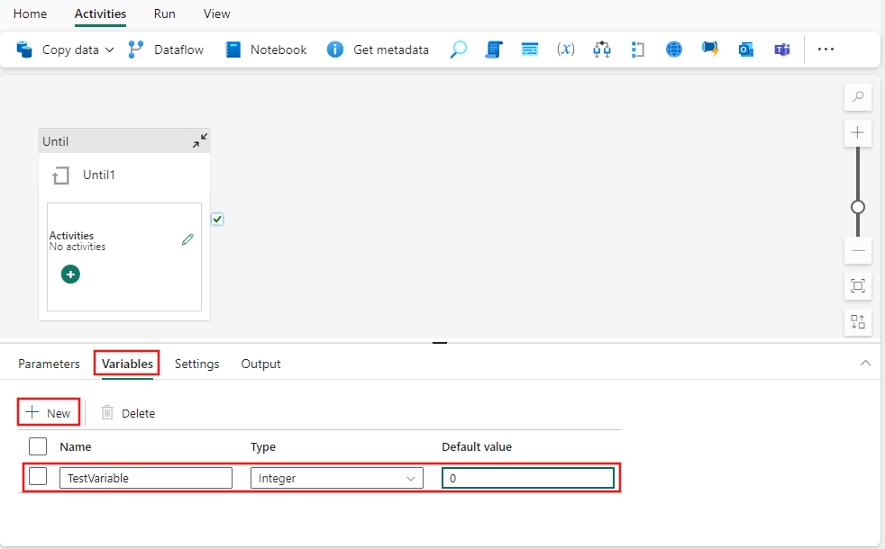 Captura de pantalla que muestra la pestaña Variables de canalización con una variable agregada denominada TestVariable, con su valor establecido en 0.