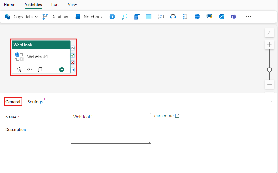 Captura de pantalla que muestra la pestaña Configuración general de la actividad de WebHook.