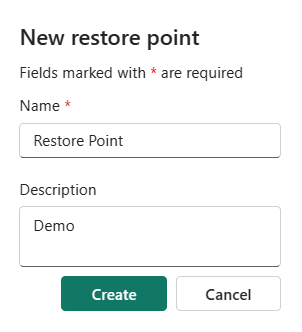 Captura de pantalla del portal de Fabric de la configuración para crear un punto de restauración definido por el usuario.