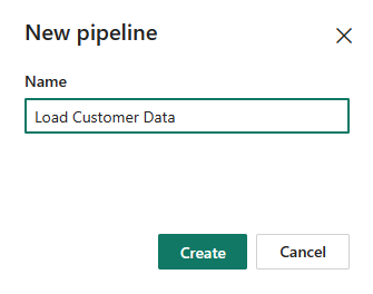 Captura de pantalla del cuadro de diálogo Nueva canalización, que muestra dónde introducir el nombre y seleccionar Crear.