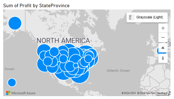 Captura de pantalla del objeto visual de mapa que muestra la suma de beneficios por ubicación.