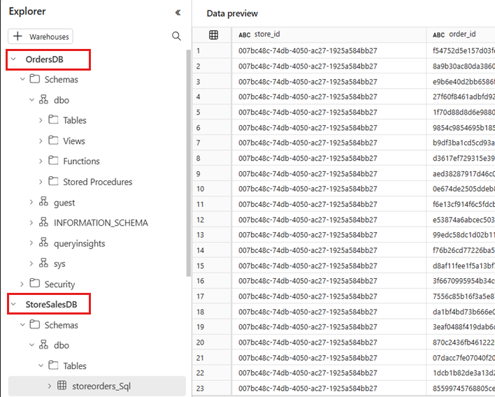 Captura de pantalla del editor de consultas con varias bases de datos reflejadas disponibles.