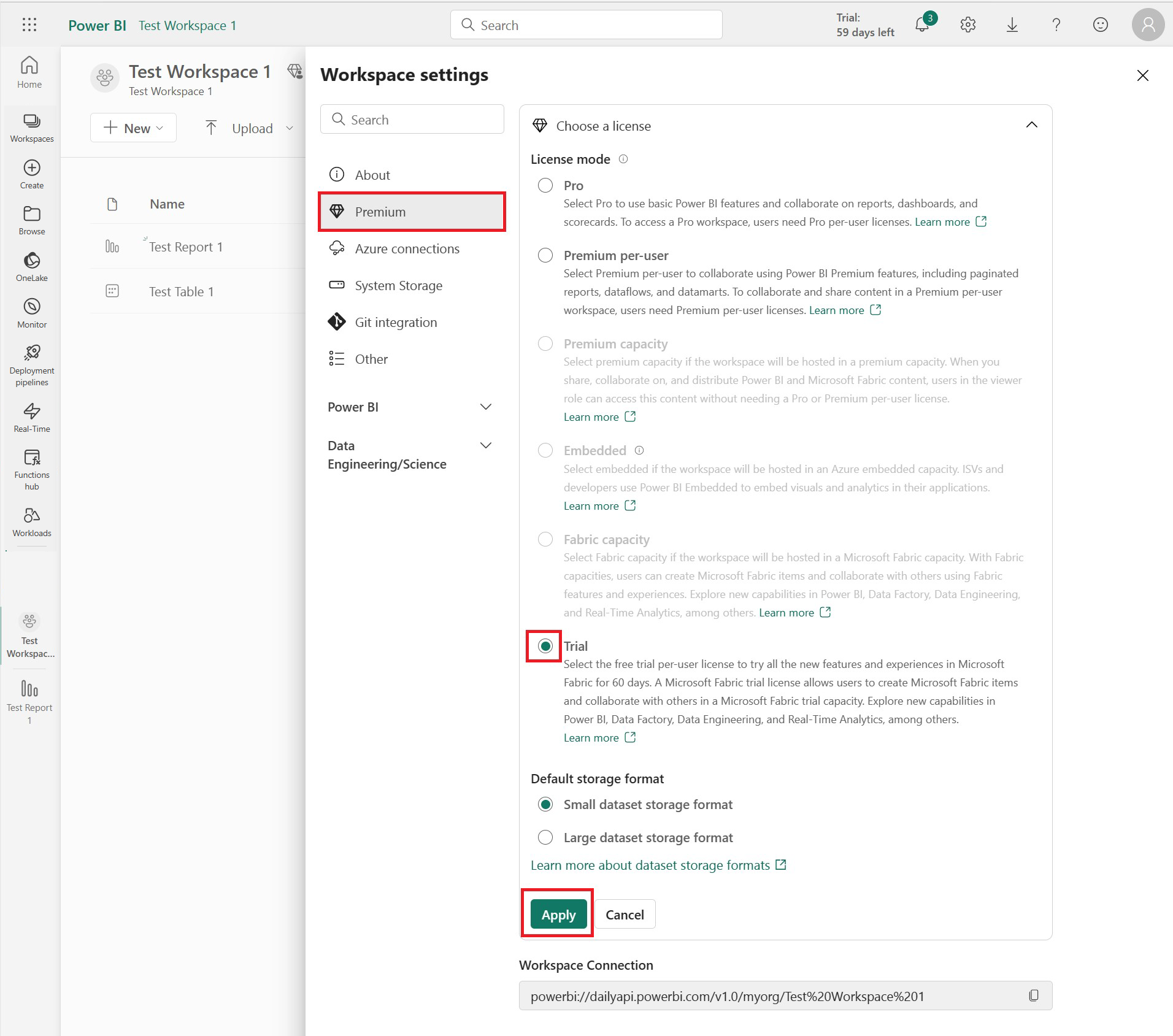 Captura de pantalla de la configuración del área de trabajo de prueba.