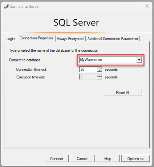 Captura de pantalla del nombre de la base de datos especificado en el campo Conectar a la base de datos.