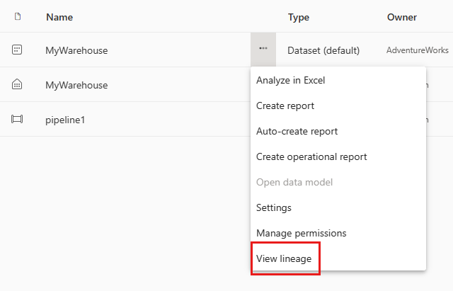 Screenshot of lineage view option in options menu.