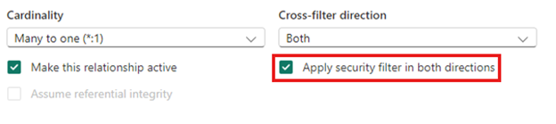 Captura de pantalla de la configuración de relación del modelo para aplicar el filtro de seguridad en ambas direcciones.