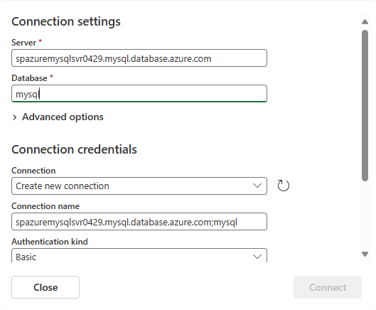 Captura de pantalla en la que se muestra la sección Configuración de la conexión.