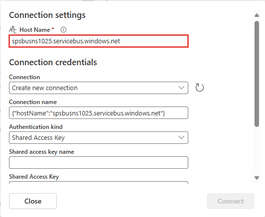 Captura de pantalla que muestra la configuración de conexión con el espacio de nombres de Service Bus especificado.