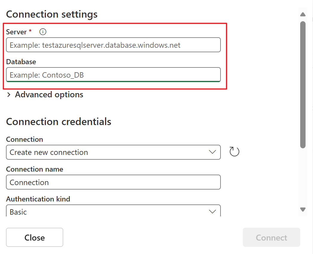 Captura de pantalla que muestra la sección Configuración de conexión de la página Conectar.