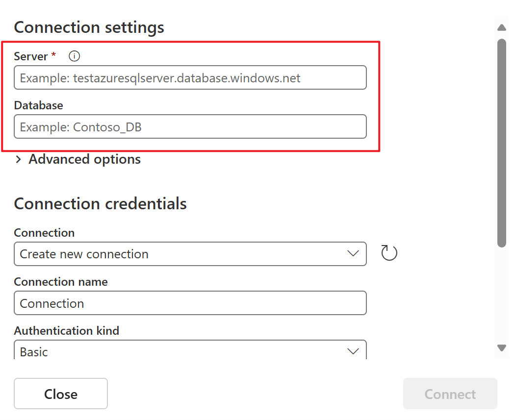 Captura de pantalla que muestra la sección Configuración de conexión de la página Conectar.