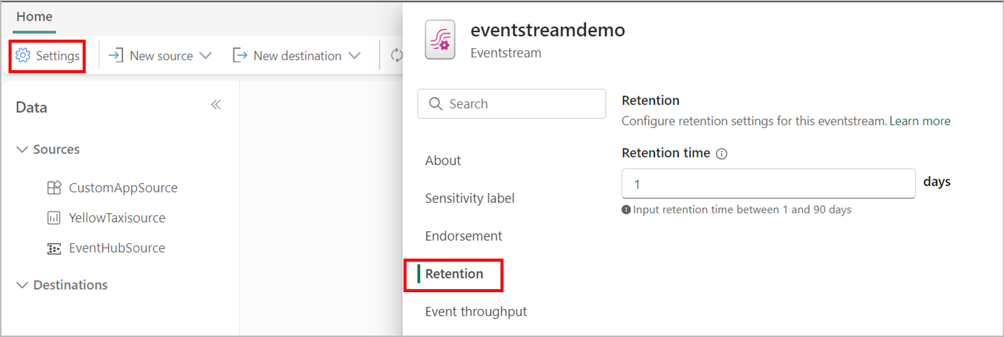 Captura de pantalla que muestra la configuración de retención de un flujo de eventos.