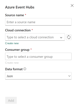 Captura de pantalla que muestra la configuración del origen de Azure Event Hubs.