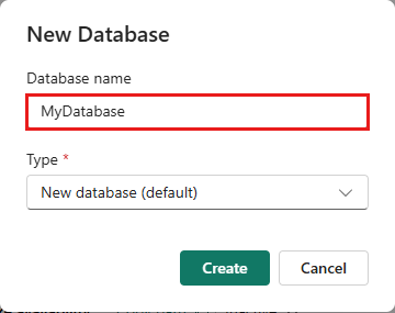 Captura de pantalla de la ventana Nueva base de datos KQL que muestra el nombre de la base de datos. El botón Crear está resaltado.