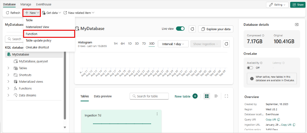 Captura de pantalla de una página de aterrizaje de una base de datos KQL que muestra el menú desplegable de la opción Nuevo. La opción titulada Funciones aparece resaltada.