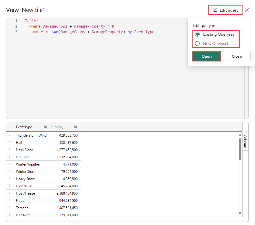 Captura de pantalla del modo de visualización de consultas de paneles en tiempo real con opciones para editar aún más en el conjunto de consultas KQL en Inteligencia en tiempo real en Microsoft Fabric.