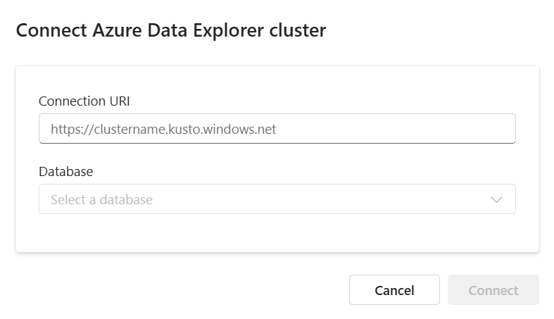 Captura de pantalla de la ventana de conexión en la que se muestra un URI de clúster de Azure Data Explorer. El botón Conectar clúster está resaltado.