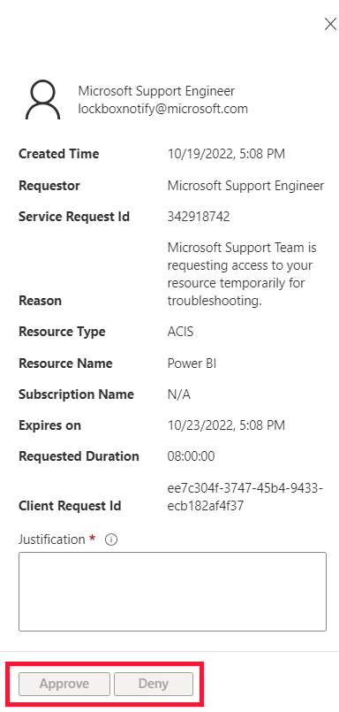 Captura de pantalla de los botones de aprobación y denegación de una solicitud pendiente de Caja de seguridad del cliente para Microsoft Azure.