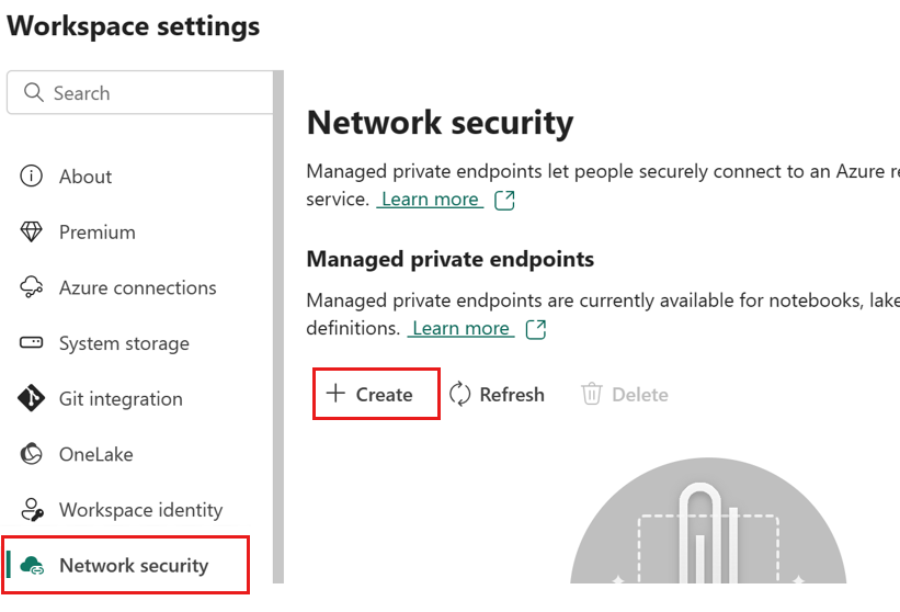 Captura de pantalla de la pestaña Seguridad de redes en la configuración del área de trabajo.