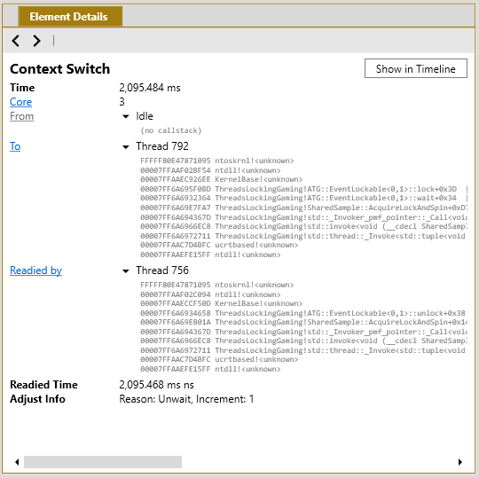 Screenshot of the Element Details pane in PIX that shows details and call stacks for a context switch