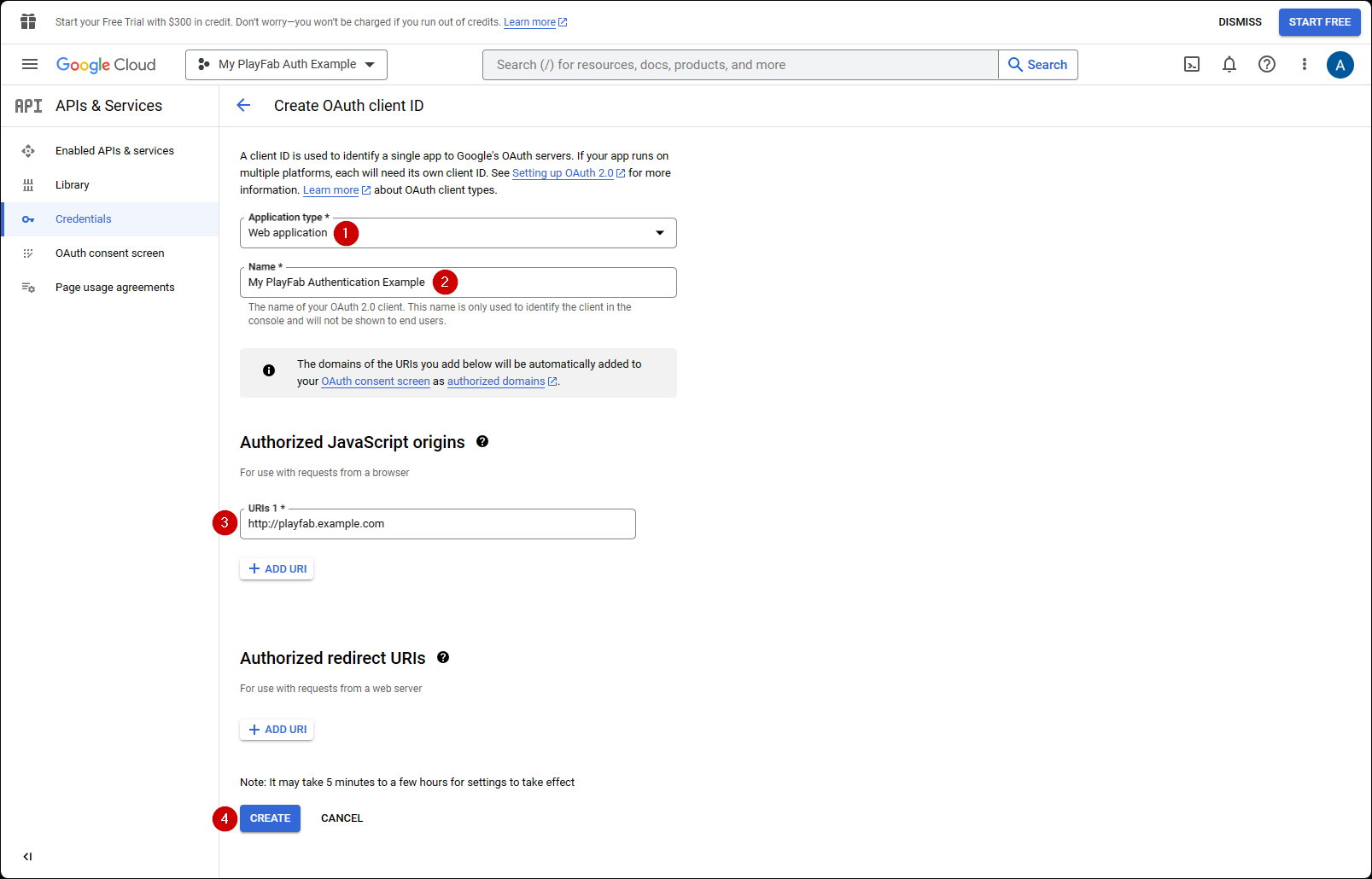 Google API Manager create OAuth credentials