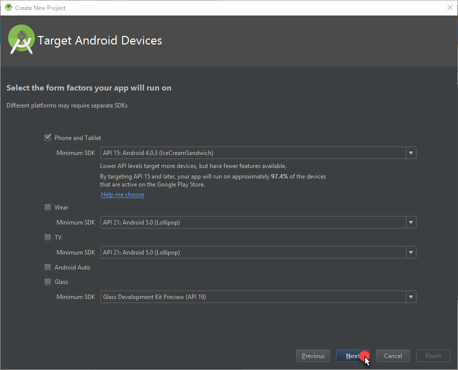 Android Studio - New Project - select minimum SDK