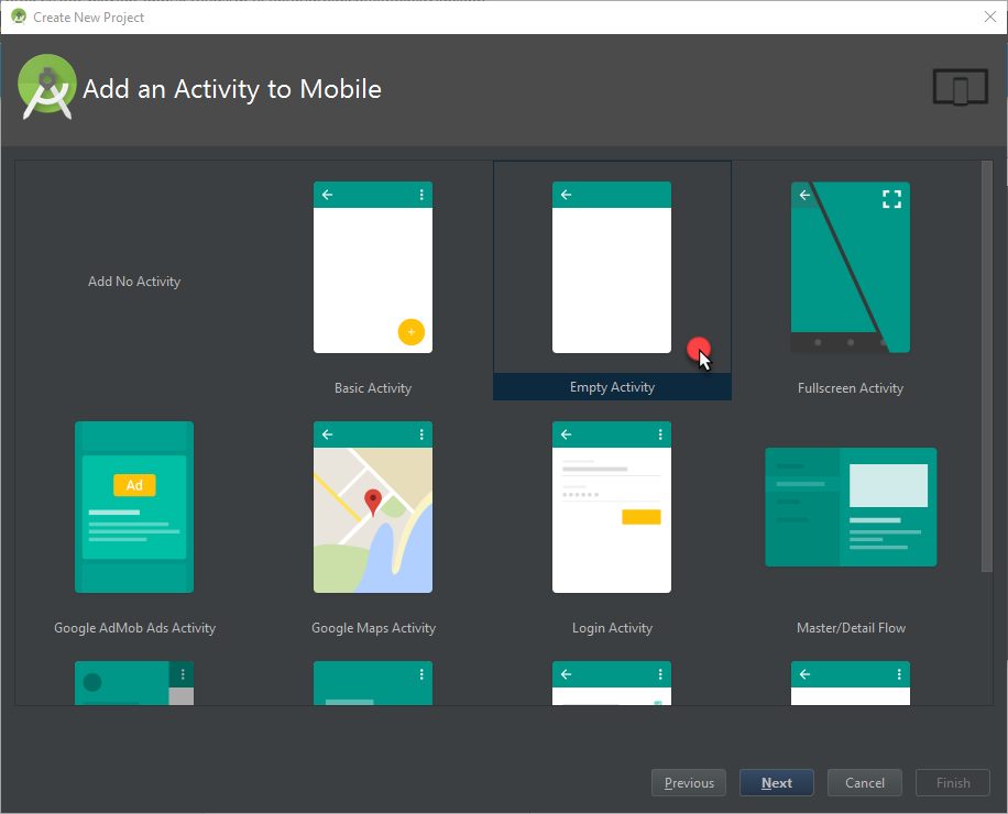 Android Studio - New Project - select template