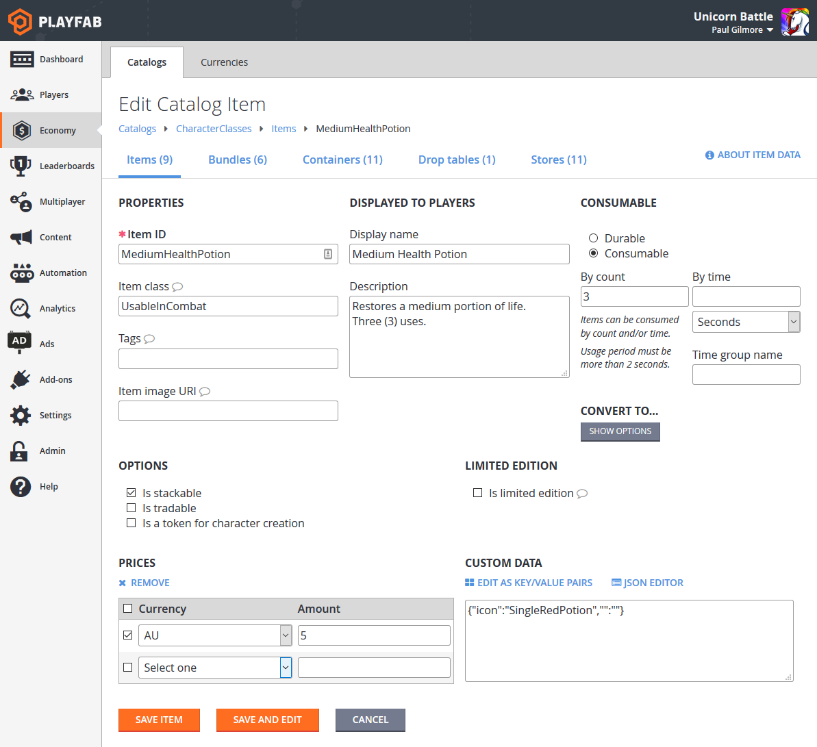 PlayFab - Economy - Edit Catalog Item