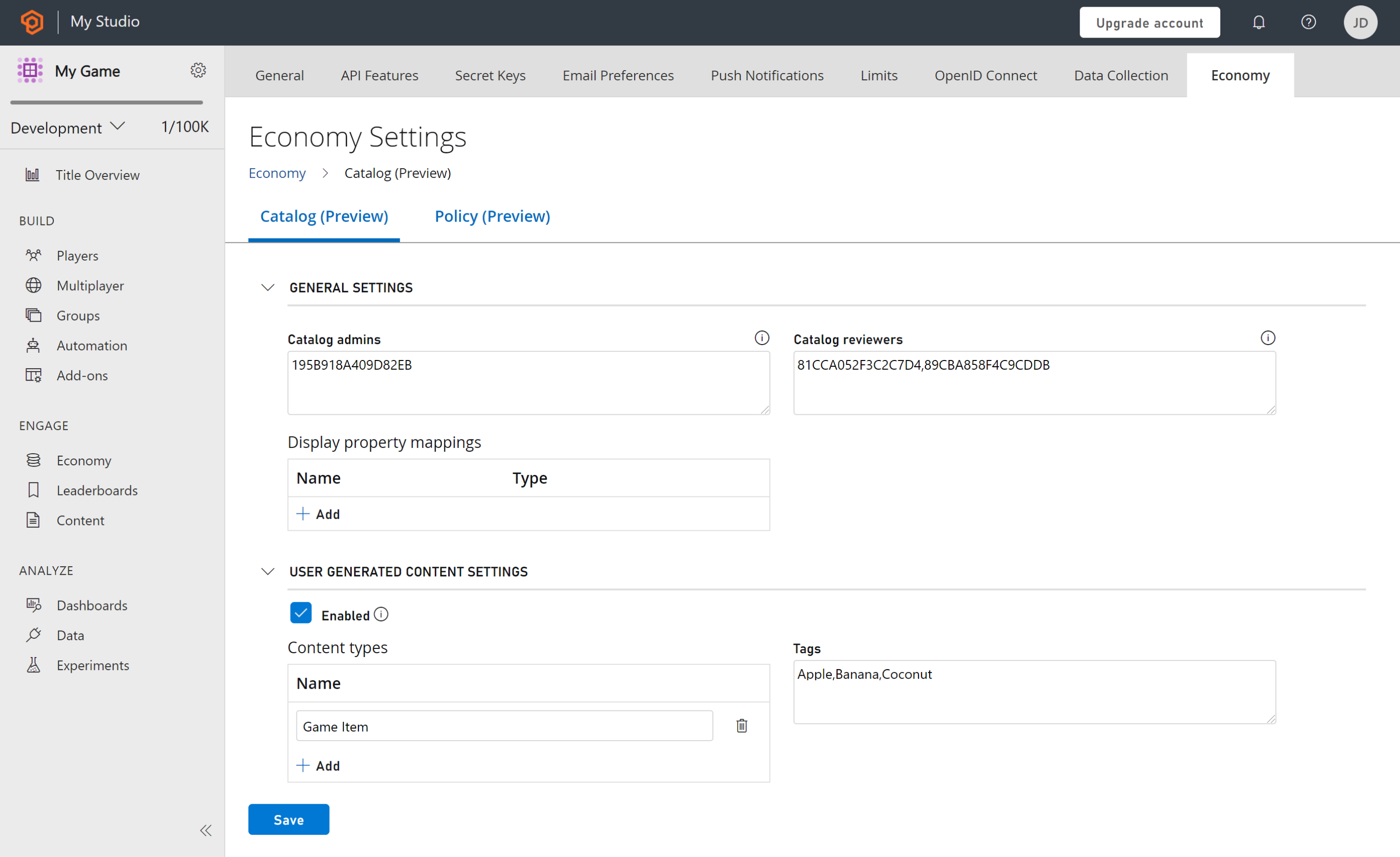 UGC Settings Page