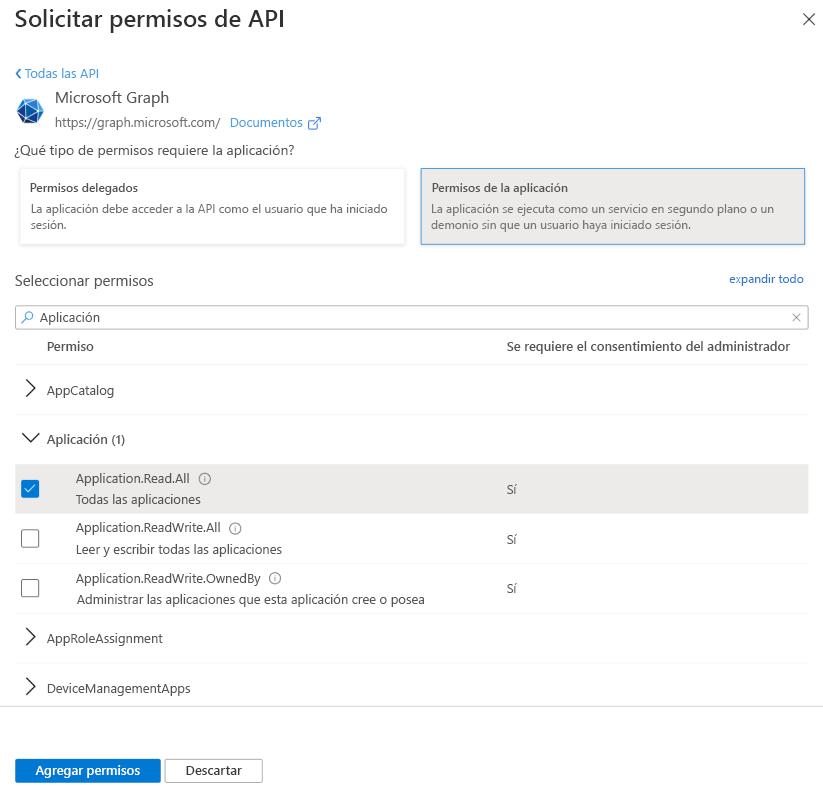 Ventana Seleccionar permisos para los permisos de aplicación de Microsoft Graph.