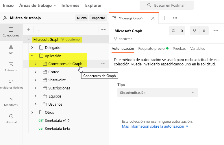 Captura de pantalla de la sección Mi área de trabajo en Postman, en la que se muestra la colección Microsoft Graph bifurcada