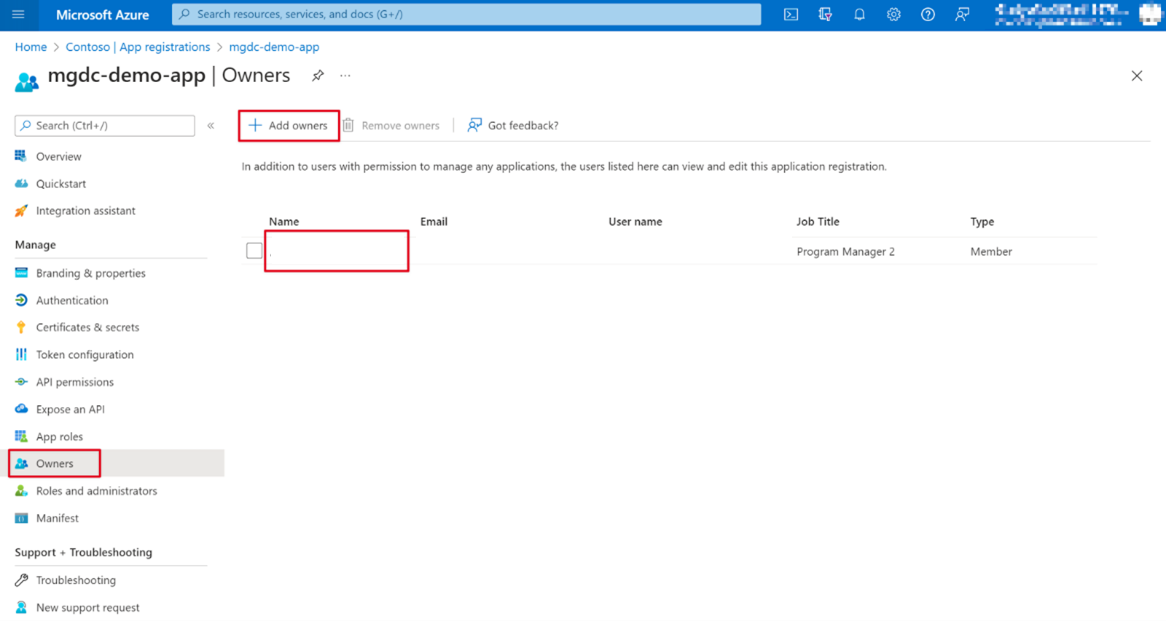 Captura de pantalla que muestra un conjunto de usuarios como propietario para el registro de la aplicación en Azure Portal.