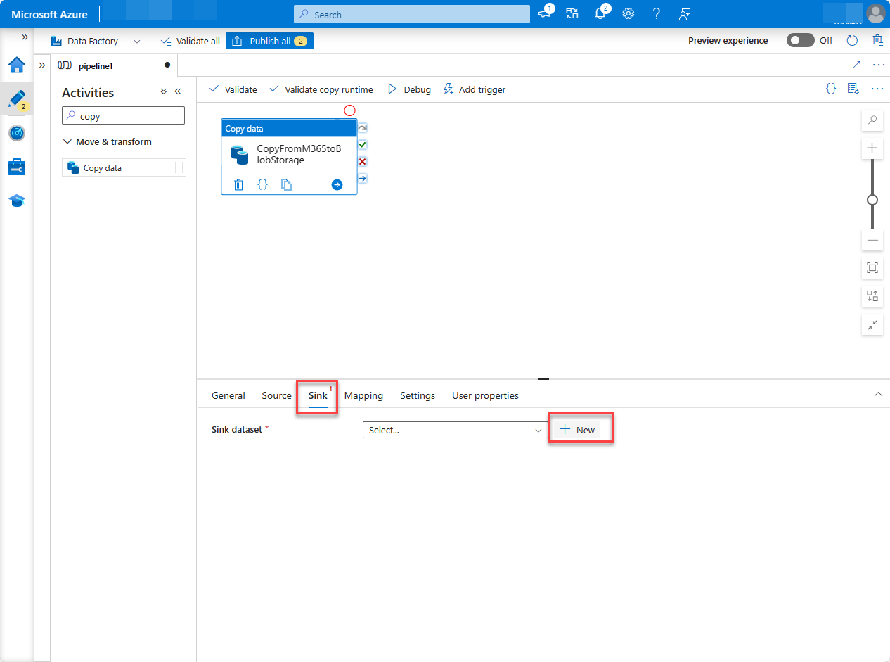 Captura de pantalla de la página Recursos de Fábrica de Azure Portal con la pestaña Receptor resaltada.