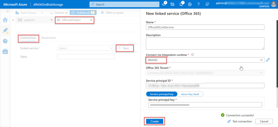 Captura de pantalla de la página del servicio Data Factory de Azure Portal con la clave de entidad de servicio configurada.