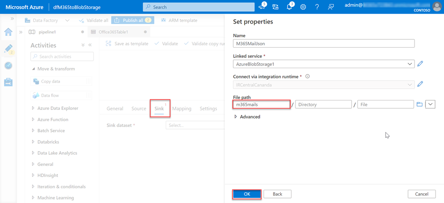 Captura de pantalla de la página Recursos de Azure Portal Factory con el campo ruta de acceso del archivo resaltado.