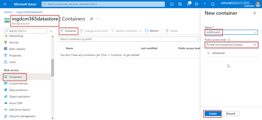 Captura de pantalla que muestra la creación de un nuevo contenedor denominado m365mails en los contenedores de blobs de la cuenta de almacenamiento en Azure Portal.