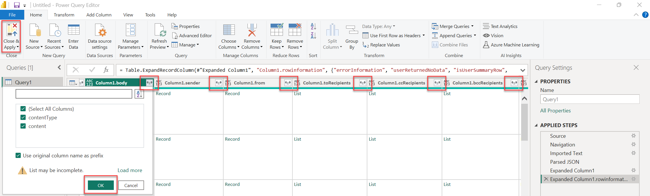 Captura de pantalla que muestra cómo cargar todas las columnas de Power BI.