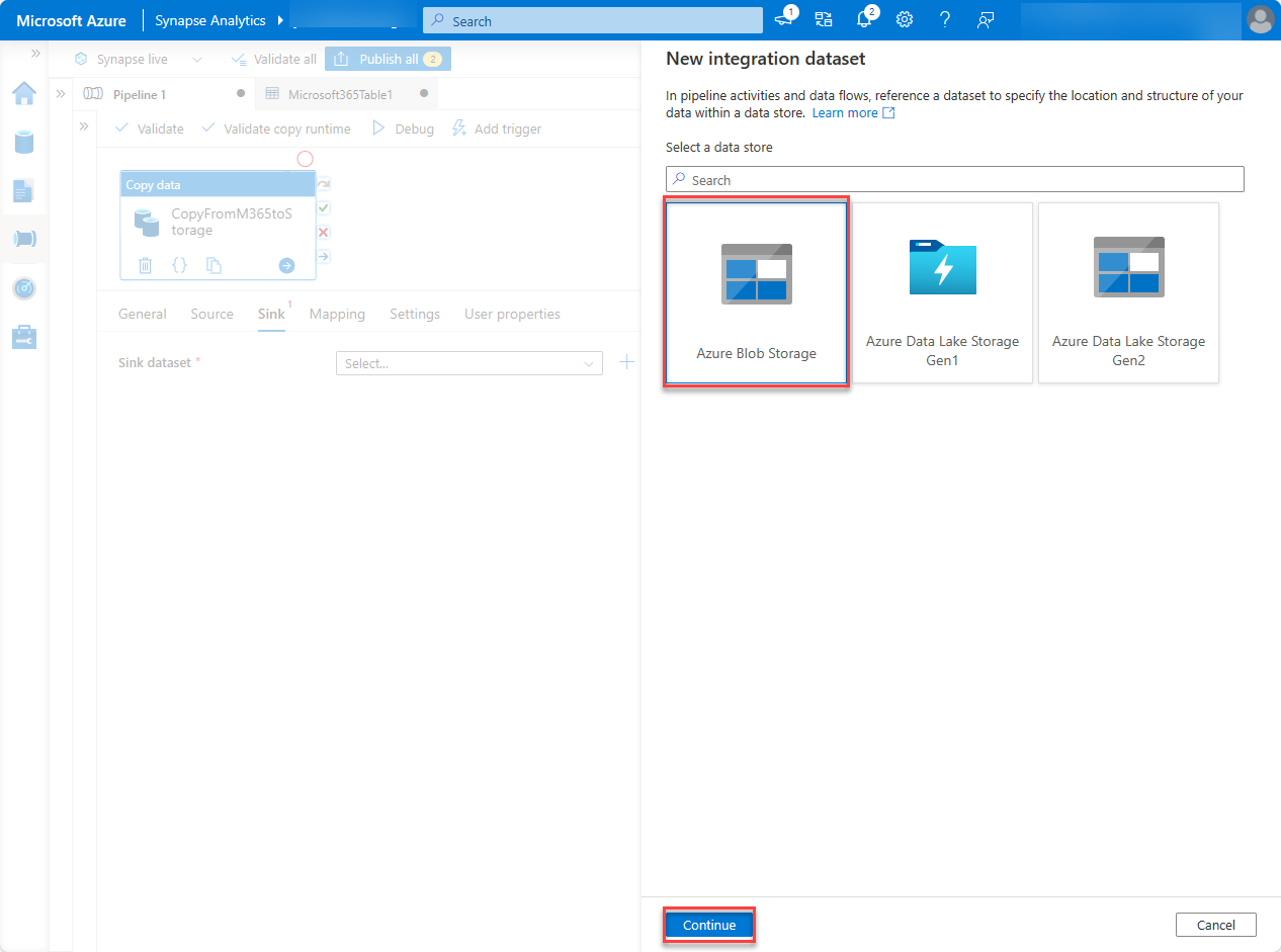 Captura de pantalla del panel Nuevo conjunto de datos de integración con Azure Blob Storage resaltado.