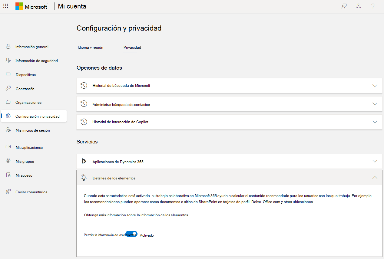 botón de alternancia de información de elementos en MyAccount