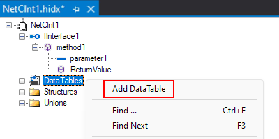 Captura de pantalla que muestra la vista de diseño principal, el menú contextual DataTables y la opción seleccionada para Agregar DataTable.