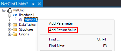 Captura de pantalla que muestra la vista de diseño principal, el menú contextual del método y la opción seleccionada para Agregar valor devuelto.