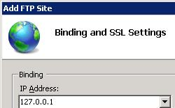 Imagen de Binding and S S L Configuración in Add F T P Site Wizard (Asistente para agregar sitio de F T P) en la que se muestra la dirección I P seleccionada en la lista desplegable.