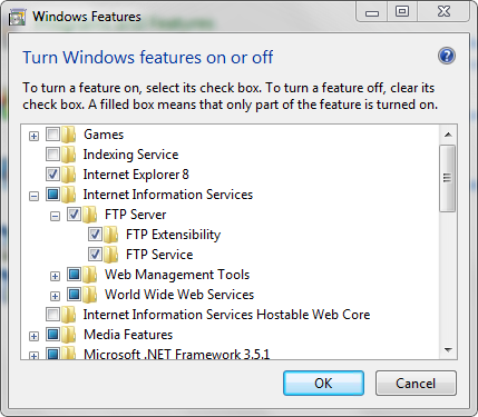 Screenshot of the Windows Features wizard displaying the Turn Windows Features on or off menu. 