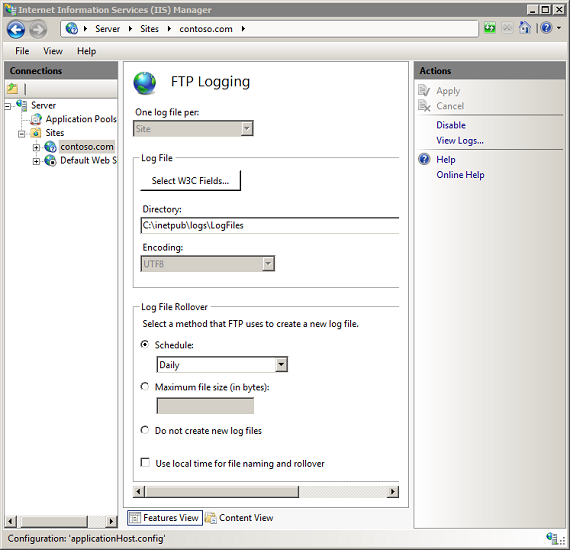 Screenshot of the F T P Logging pane with the specified options.