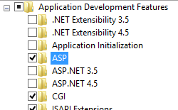 Screenshot shows World Wide Web Services and Application Development Features node expanded with A S P selected.