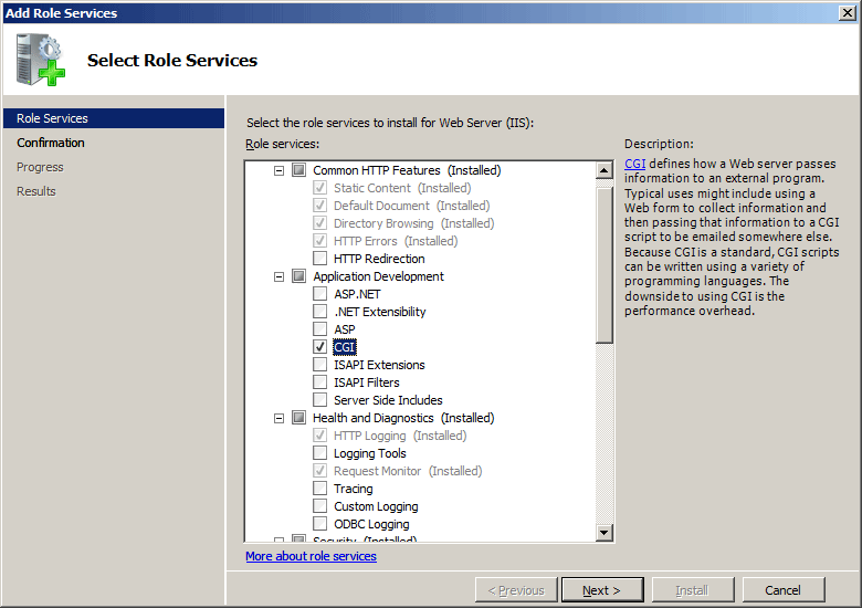 Captura de pantalla que muestra la página Seleccionar servicios de rol en el cuadro de diálogo Agregar servicios de rol para Windows Server 2008. C G I está seleccionado.