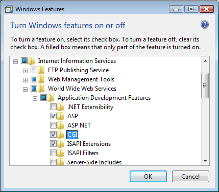 Captura de pantalla que muestra la opción C G I seleccionada para Windows Vista o Windows 7.