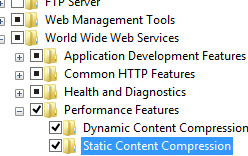 Captura de pantalla del panel Características de rendimiento y World Wide Web expandido que muestra compresión de contenido dinámico y compresión de contenido estático seleccionada.